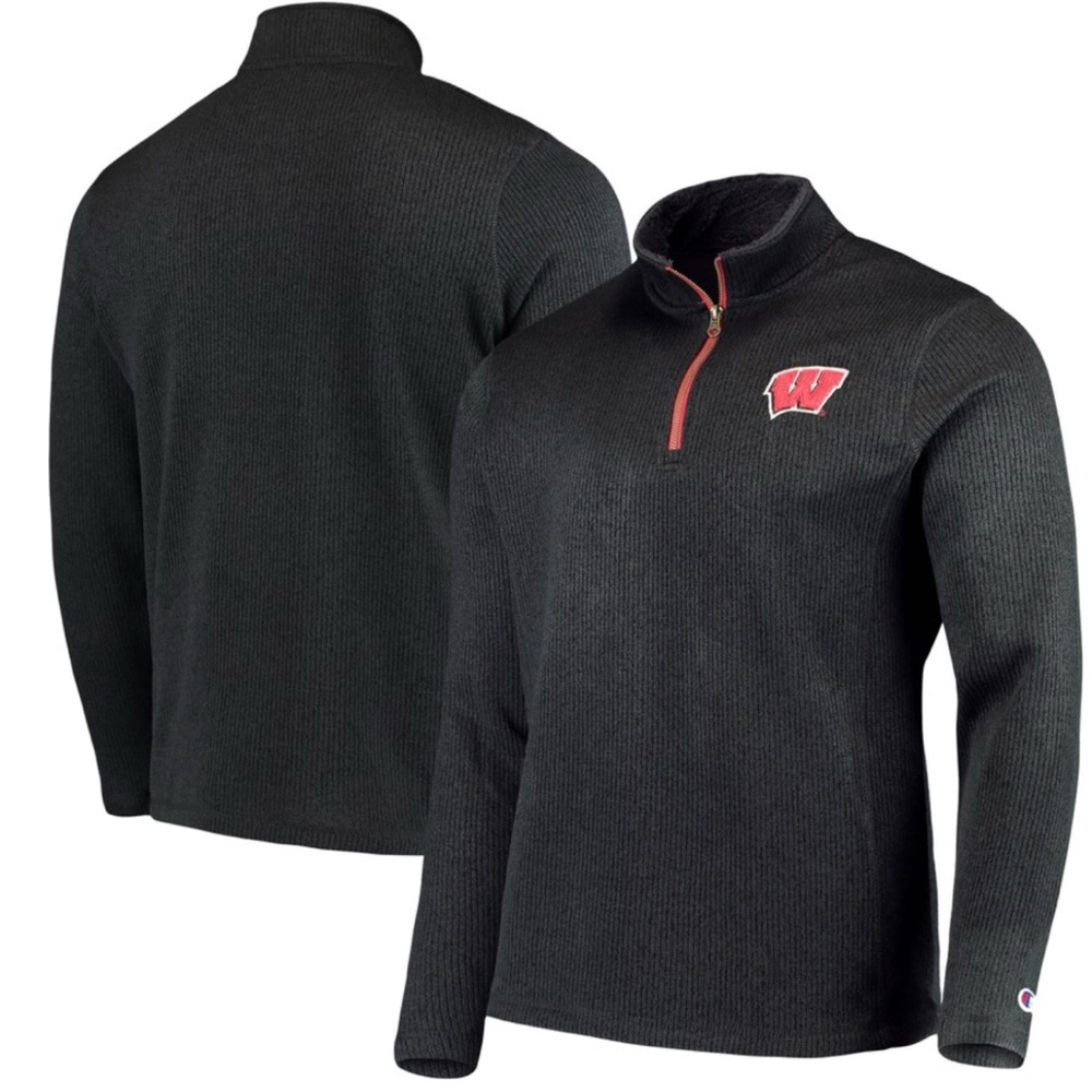 💝 Men’s Champion Charcoal Gray Wisconsin Badgers Ribbed Quarter Zip Pullover 2XL - Picture 1 of 6